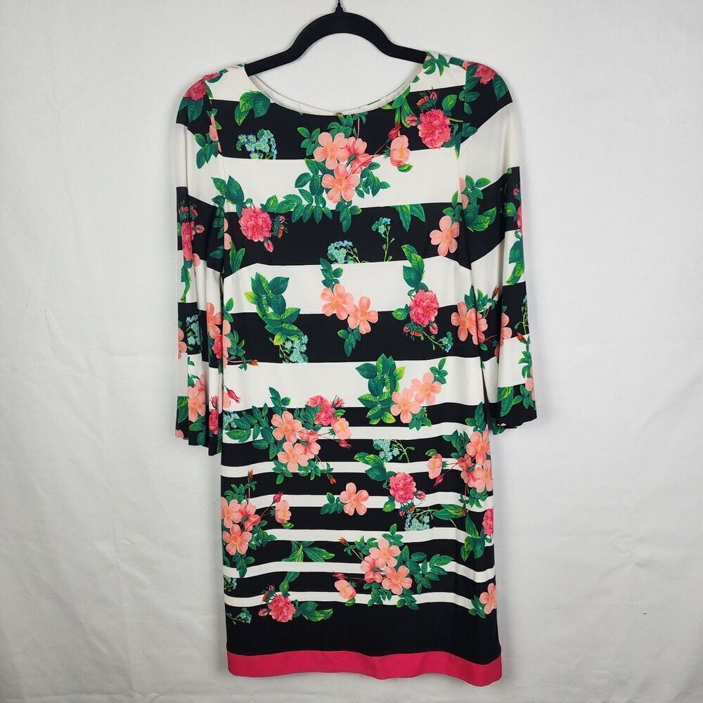 Eliza J Floral Stripe Shift Dress‎ Black White Pink Gold Zip Womens Size 6